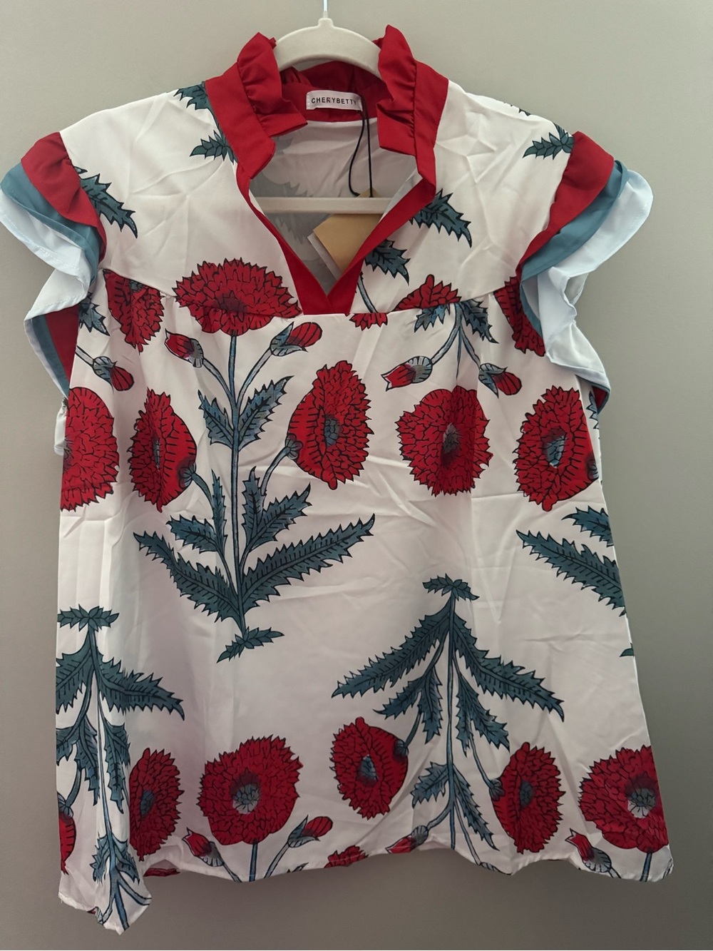 CHERRYBETTY Red Floral Ruffle Blouse
